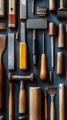 Carpentry Tools Arranged on Dark Wooden Background Top View..