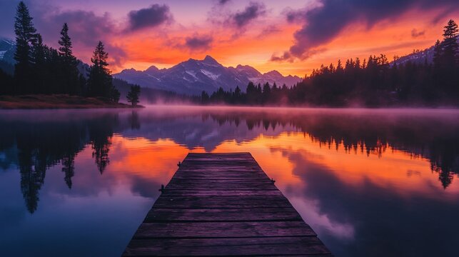 Wooden dock stretching into a calm lake reflecting a vibrant orange and purple sunset over mountains and a forest.