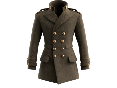 A double breasted brown coat with gold buttons displayed isolated on a transparent background