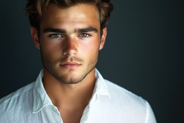 Obraz premium Close-up portrait of a handsome young man with light brown hair and piercing blue eyes, wearing a white shirt against a dark background.