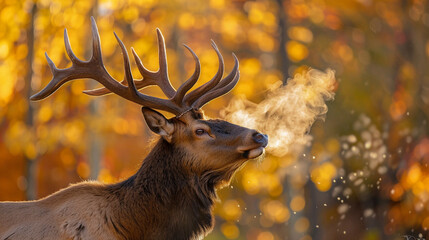 Elk (Cervus canadensis) bugling into crisp autumn air, magnificent antlers raised, dramatic display in North American wilderness.