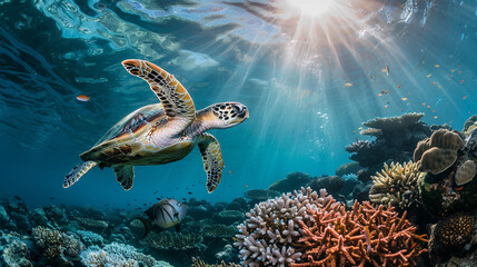 Green sea turtle (Chelonia mydas) gliding above a coral reef, flippers moving gracefully through crystal-clear tropical waters.