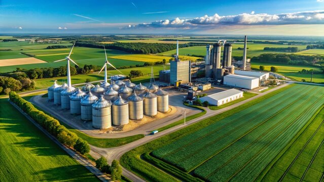 Midwest Ethanol Plant & Grain Elevators: Aerial View with Wind Turbines