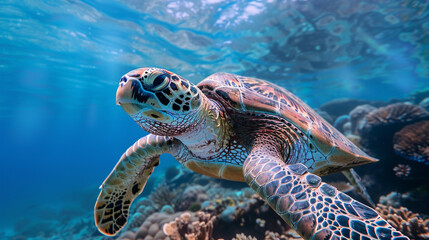 Fototapeta premium Green sea turtle (Chelonia mydas) swimming gracefully, long flippers propelling it through sunlit tropical waters.