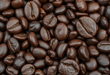 Fototapeta premium Rough, oily, dark brown coffee beans close-up, caffeine, macro