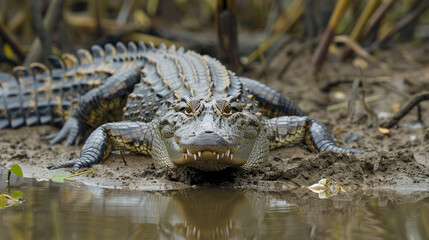 Obraz premium Saltwater crocodile (Crocodylus porosus) emerging from the water, stealthy hunter with piercing yellow eyes and immense strength.