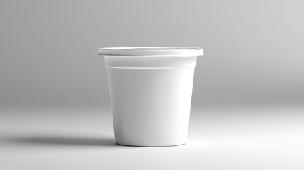 White plastic yogurt or cream cup package mockup. 3d blank yoghurt pot container with lid mock up. Empty round dairy food isolated bottle. Closed glossy yougurt packaging with clear brand label set