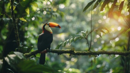 Photorealistic background with toucan in green forest, perfect for book cover design or nature posters.