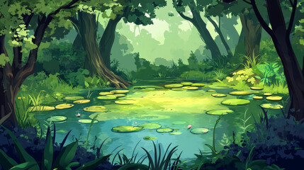 Fototapeta premium Forest swamp cartoon vector game landscape scene. Fantasy lake with waste water and marsh scenery. Dirty toxic environment in park 2d wild location wallpaper. Summer adventure fairytale world