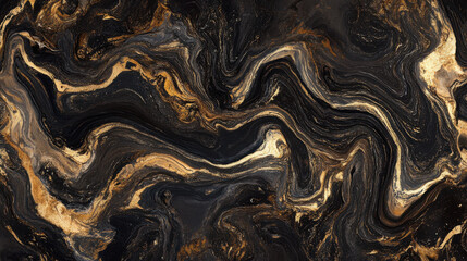 Abstract swirling pattern with golden and black hues creating a luxurious texture reminiscent of marble or fluid art with intricate details and depth for backgrounds