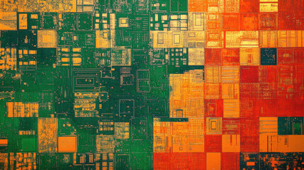 Abstract circuit board pattern design with interconnected components showcasing advanced technology and computer engineering complexity and innovative design elements