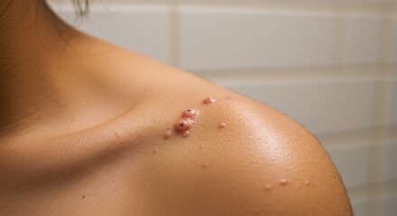 Fototapeta premium Examining Molluscum Contagiosum Skin Condition on Shoulder for Medical Reference