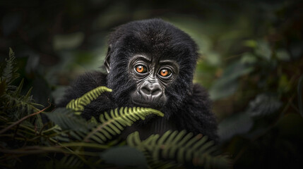 Obraz premium Mountain gorilla (Gorilla beringei beringei) sitting among dense jungle foliage, powerful primate in its natural rainforest habitat.
