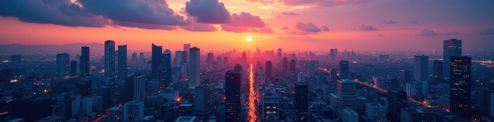 Fototapeta premium Dusk descends on Tokyo's sprawling metropolis, illuminating countless windows, evening, perspective