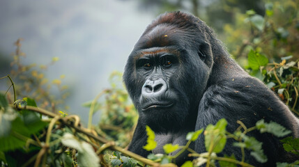 Fototapeta premium Silverback gorilla (Gorilla beringei beringei) standing in the jungle, strong and intelligent great ape in its lush environment.