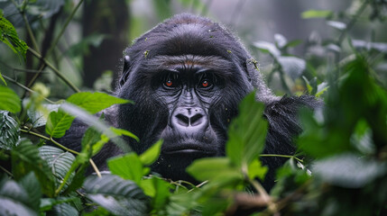 Obraz premium Silverback gorilla (Gorilla beringei beringei) standing in the jungle, strong and intelligent great ape in its lush environment.