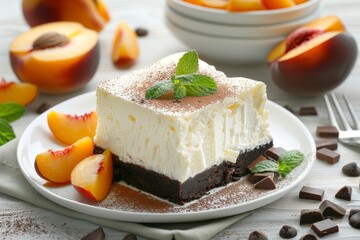Delicious peach cheesecake with luxurious cocoa foam for an unforgettable dessert experience