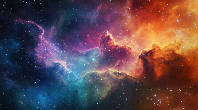 Spectacular cosmic landscape featuring a vibrant nebula with swirling clouds of gas dust and shining stars creating a stunning interstellar panorama and breathtaking galaxy view