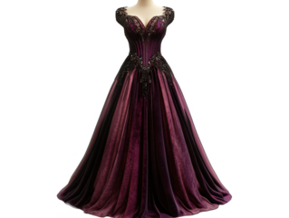 Elegant dark purple gown with black beadwork on a mannequin against a isolated on a Transparency Background