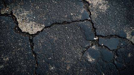 Obraz premium Close up of cracked asphalt texture showcasing the wear and tear of an old road surface highlighting deterioration and weathering processes perfect for backgrounds