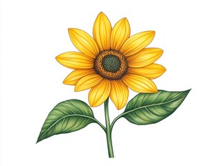 Fototapeta premium Bright sunflower illustration with vibrant petals and green leaves on white background