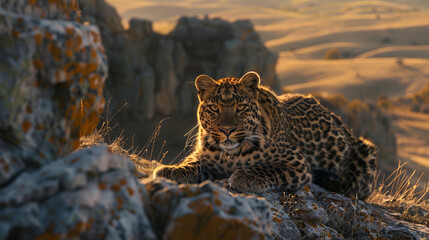 Anatolian leopard (Panthera pardus tulliana) crouched low in the rocky highlands, elusive feline of Turkey?s wild landscapes.