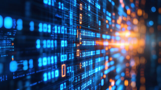 Abstract digital binary code stream visualization for futuristic technology data transmission and information processing and cybersecurity concepts
