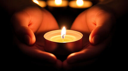 Person holding a candle with a warm flame conveying peace and tranquility in a dim atmosphere