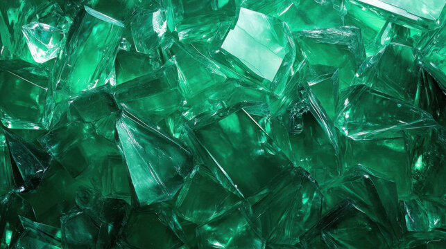 Emerald green glass shards create abstract background with rich color depth and interesting textures, perfect for adding a touch of luxury and elegance to any design