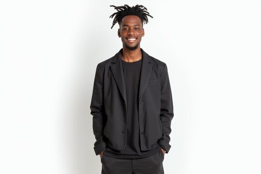 Half-Length (Waist-Up) portrait of young stylish smiling Ethiopian male model in punk wear isolated on pure white background looking at camera
