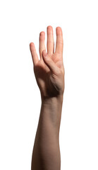 Fototapeta premium Female hand showing four fingers with the thumb folded, symbolizing the number four or counting. Natural palm view, extended fingers in a clear gesture. Isolated on white background