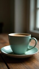 Close-up of a ceramic disc on a plate, coffee cup blurred background, closeup, vintage, contrast