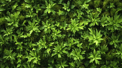 Close-up Lush Green Foliage Background with Various Plants and Mosses for Decoration and Natural Ambiance, Green Nature Wallpaper