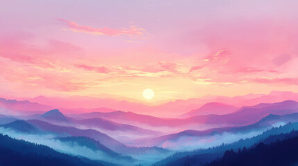 Obraz premium Breathtaking mountain landscape with soft pastel hues and a warm sunrise creating a serene and peaceful atmosphere ideal for meditation and reflection imagery