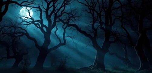 Naklejka premium Eerie moonlight bathes ancient trees in a shadowy, mystical forest, night scene, nature