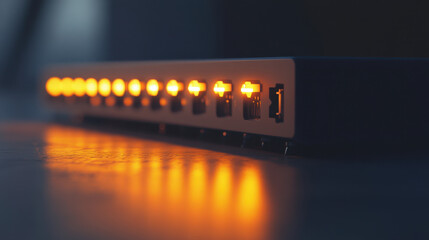 Network switch with glowing ports providing seamless connectivity for data transfer and communication in modern infrastructure and high performance systems