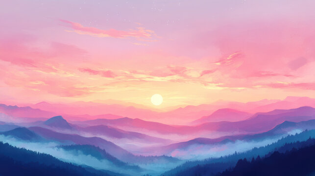 Breathtaking mountain landscape with soft pastel hues and a warm sunrise creating a serene and peaceful atmosphere ideal for meditation and reflection imagery