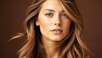 Fototapeta premium Elegant portrait of a young woman showcasing natural beauty, smooth makeup, and styled wavy hair against a soft out-of-focus background.