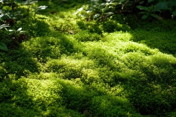 Obraz premium Sunlight illuminates a lush carpet of vibrant green moss, creating a serene forest scene.