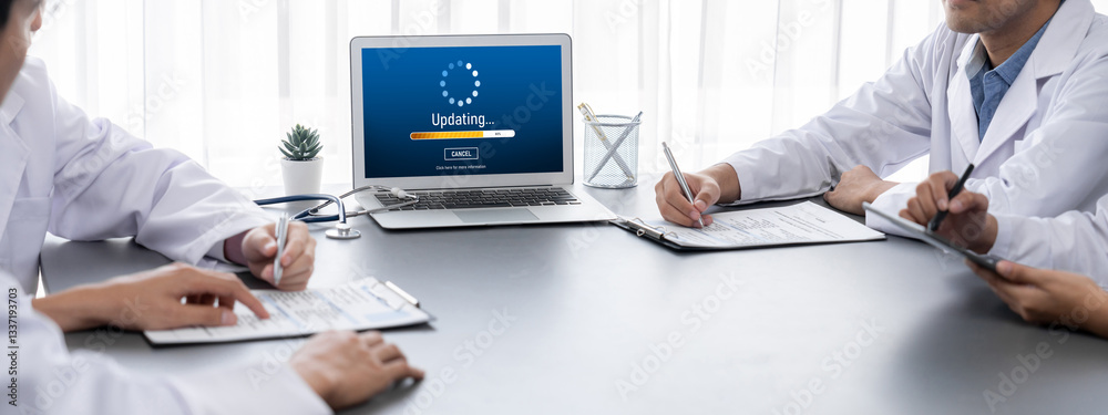 Poster software update on computer for brisk version of device software upgrade
