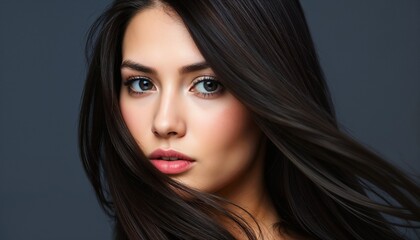 Fototapeta premium Portrait of a beautiful woman with flowing dark hair, captivating blue eyes, and an intense gaze, exuding natural elegance and confidence.