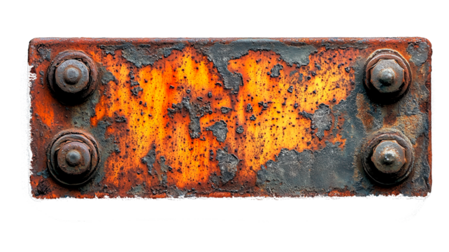 ultra-realistic, frontal rusty metal plate with screws on edges, warning sign, transparent background