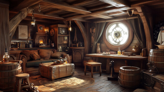 Pirate ship cabin interior with table, chair, sofa, telescope, treasure chest, barrel and bottle. Empty captain room on boat with wooden beams and porthole, vector cartoon illustration