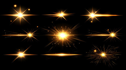 Golden star shine effects, flash lights with sparkles and glow rays isolated on black background. Vector realistic set of bright yellow glare, gold flare with shiny beams