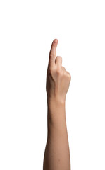 Female hand with an extended index finger, making a pointing or selecting gesture. Natural wrist position, symbolizing direction, interaction, or indication. Isolated on white background..