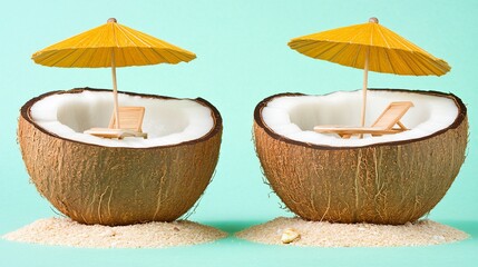Two coconut shells, each with a miniature beach chair and umbrella, sit on small piles of sand against a teal background