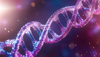 Glittering purple and blue DNA helix against a bokeh background