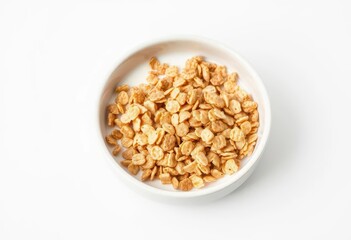 Fototapeta premium A bowl of golden-brown bran flakes, milk slightly visible, sits on a plain white background, simple, dietary