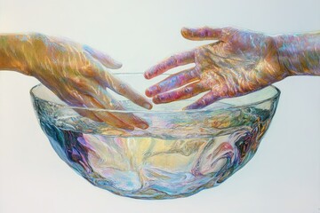 Fototapeta premium Two hands reaching into a glass bowl of water, symbolizing connection and shared experience.