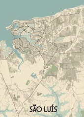 This detailed map showcases the city of São Luís, Brazil, with a focus on its street network and surrounding waterways. The map is rendered in a minimalist style with beige and light blue tones.